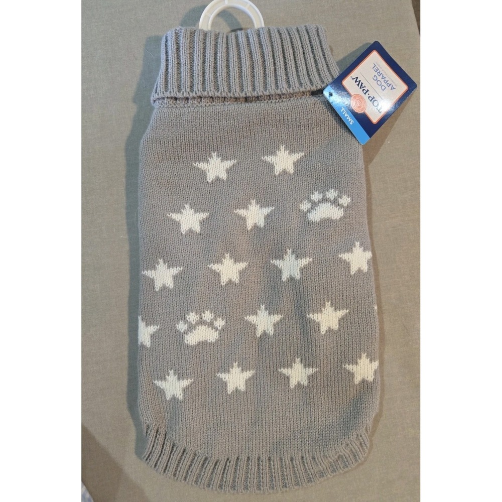Top Paw Gray Icon Fashion Dog Sweater Small Stars Paw Prints NWT Acrylic